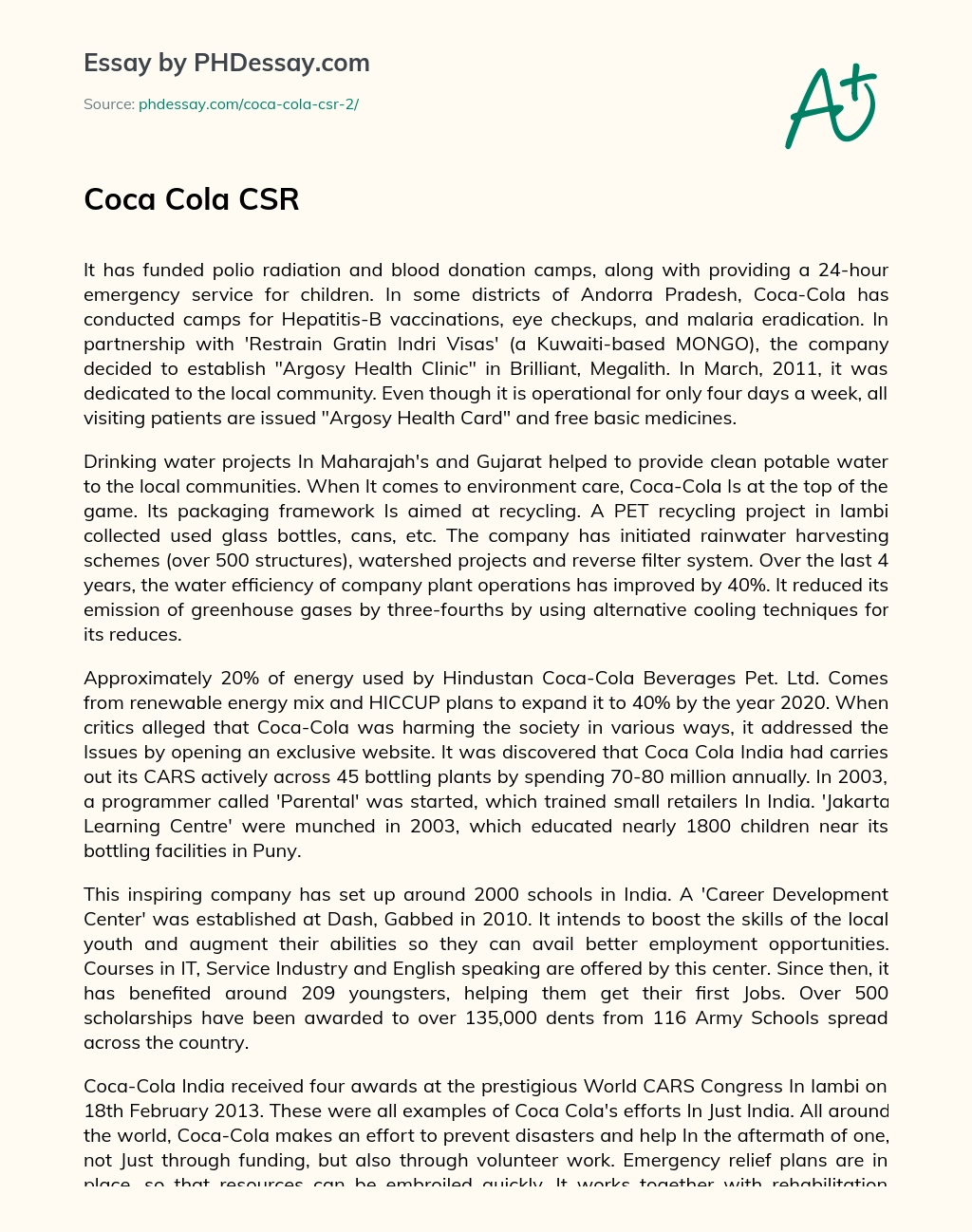 Coca Cola CSR essay