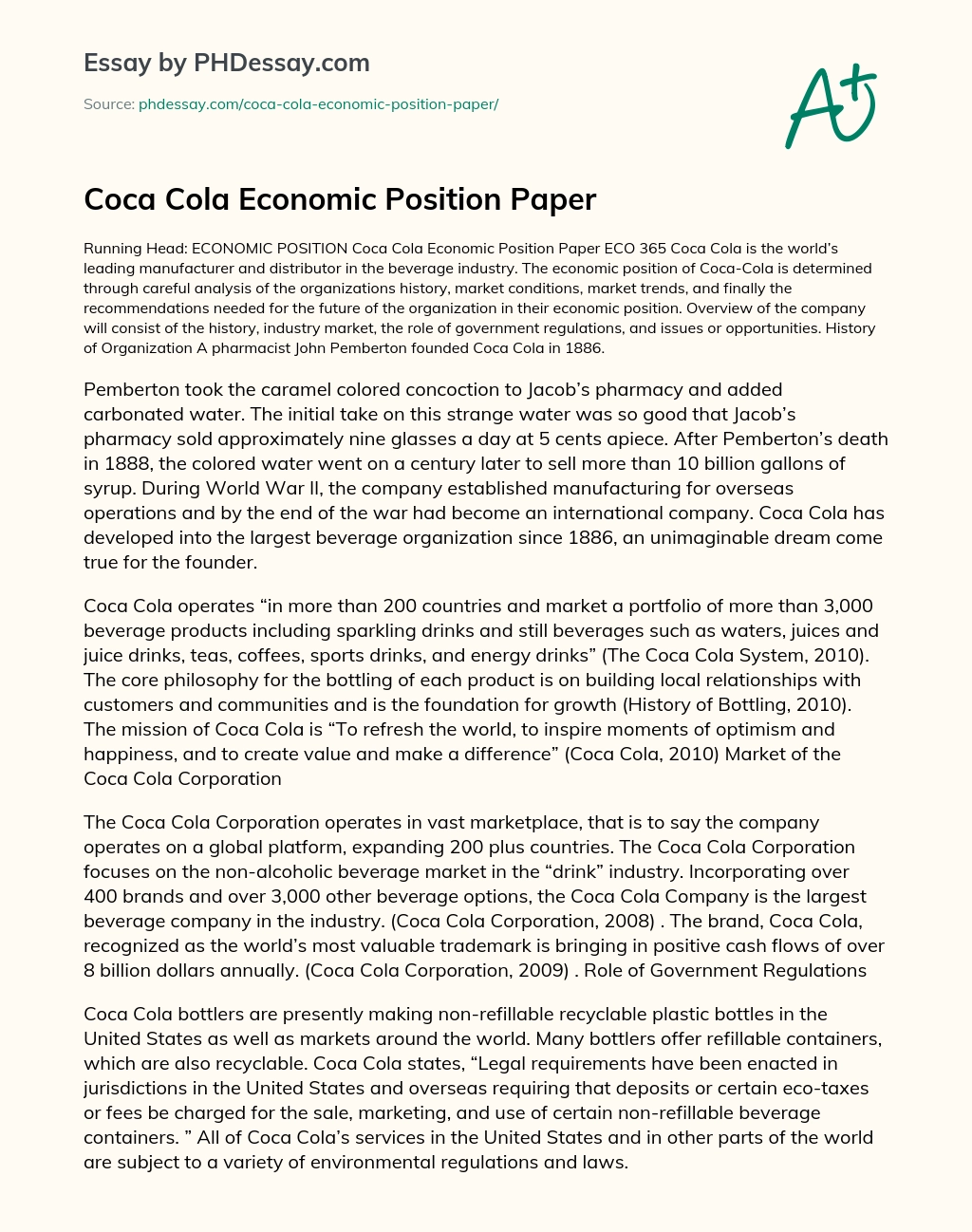 Coca Cola Economic Position Paper essay