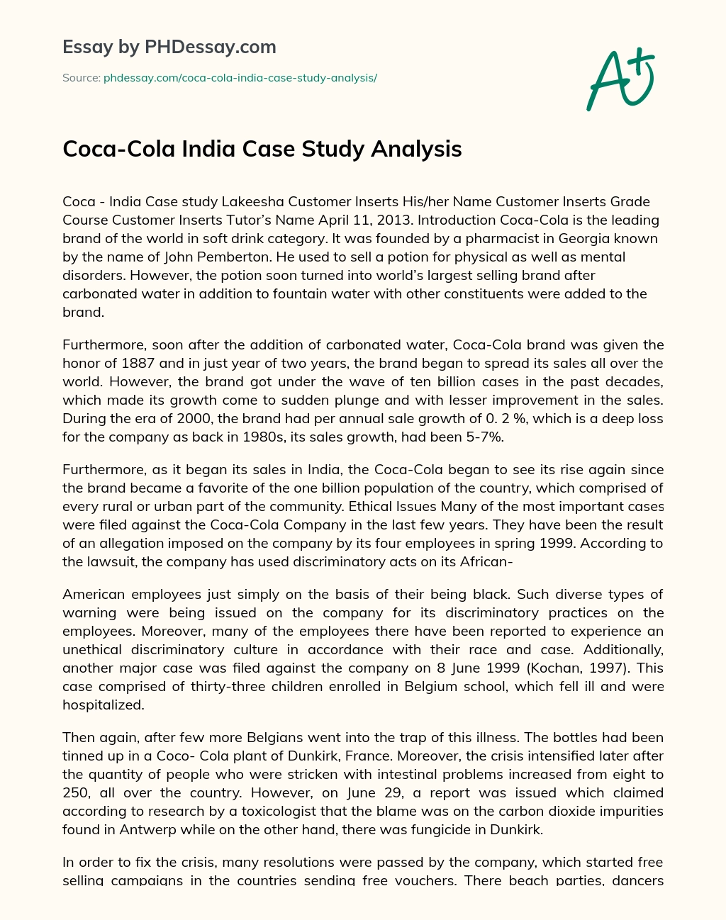 coca cola india case study pdf