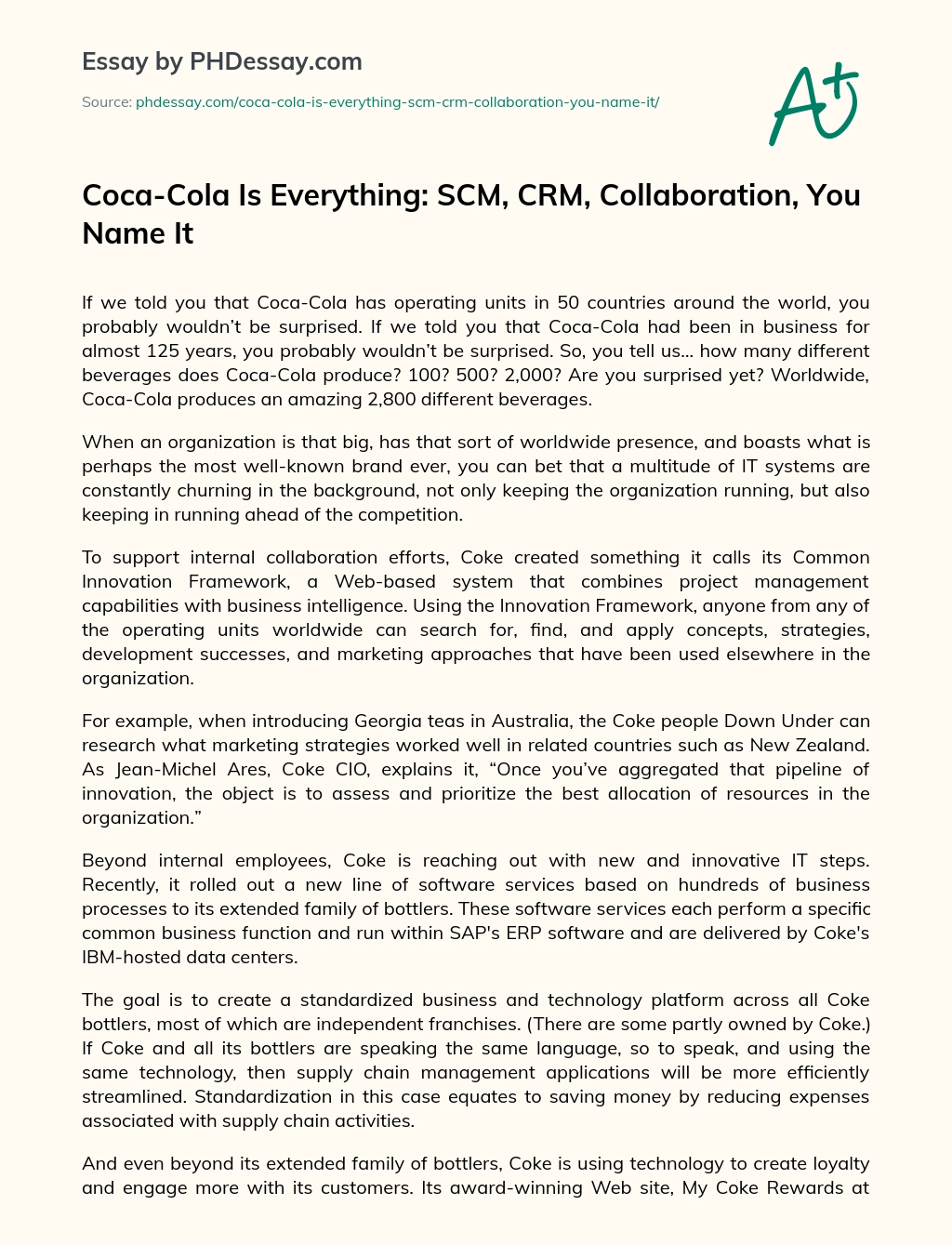 Coca-Cola Is Everything: SCM, CRM, Collaboration, You Name It essay