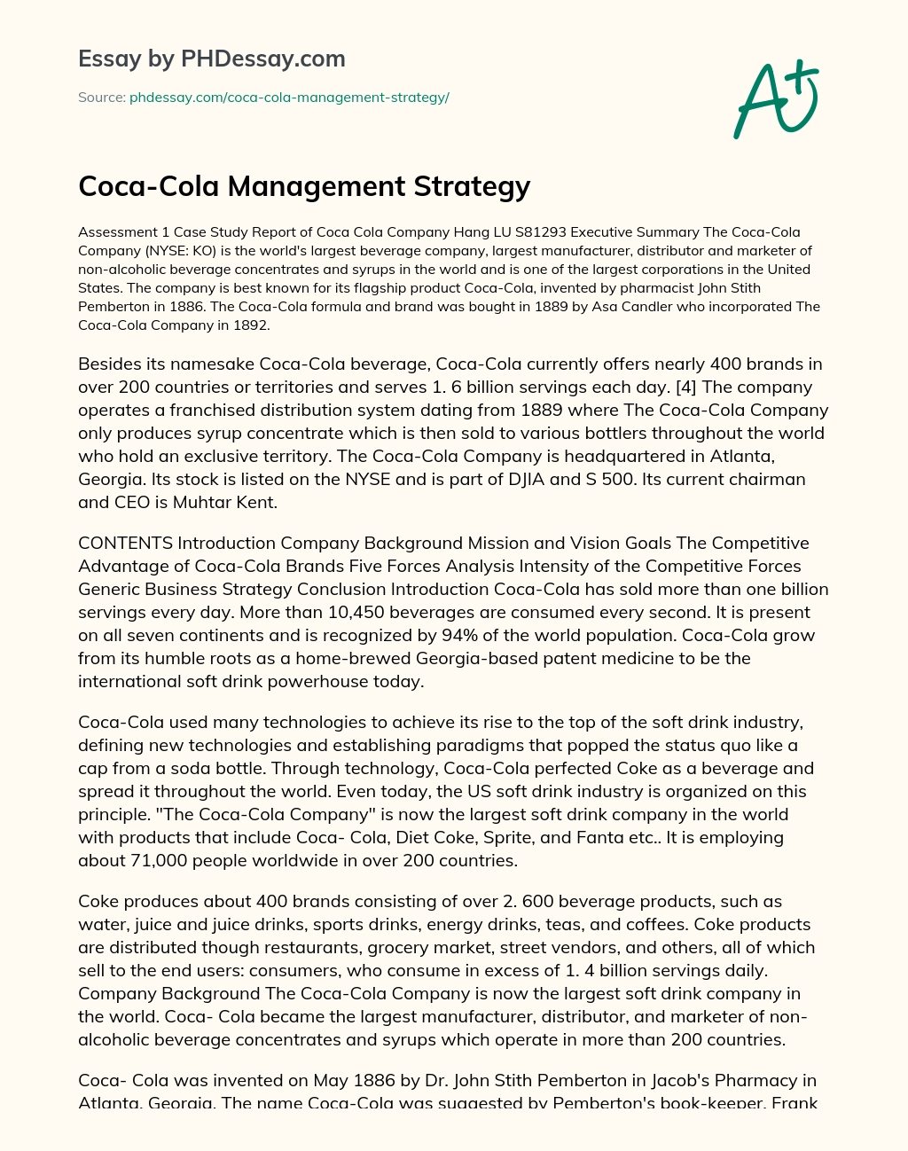 Coca-Cola Management Strategy essay