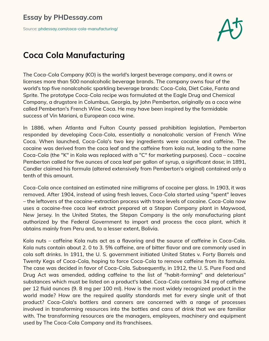 Coca Cola Manufacturing essay