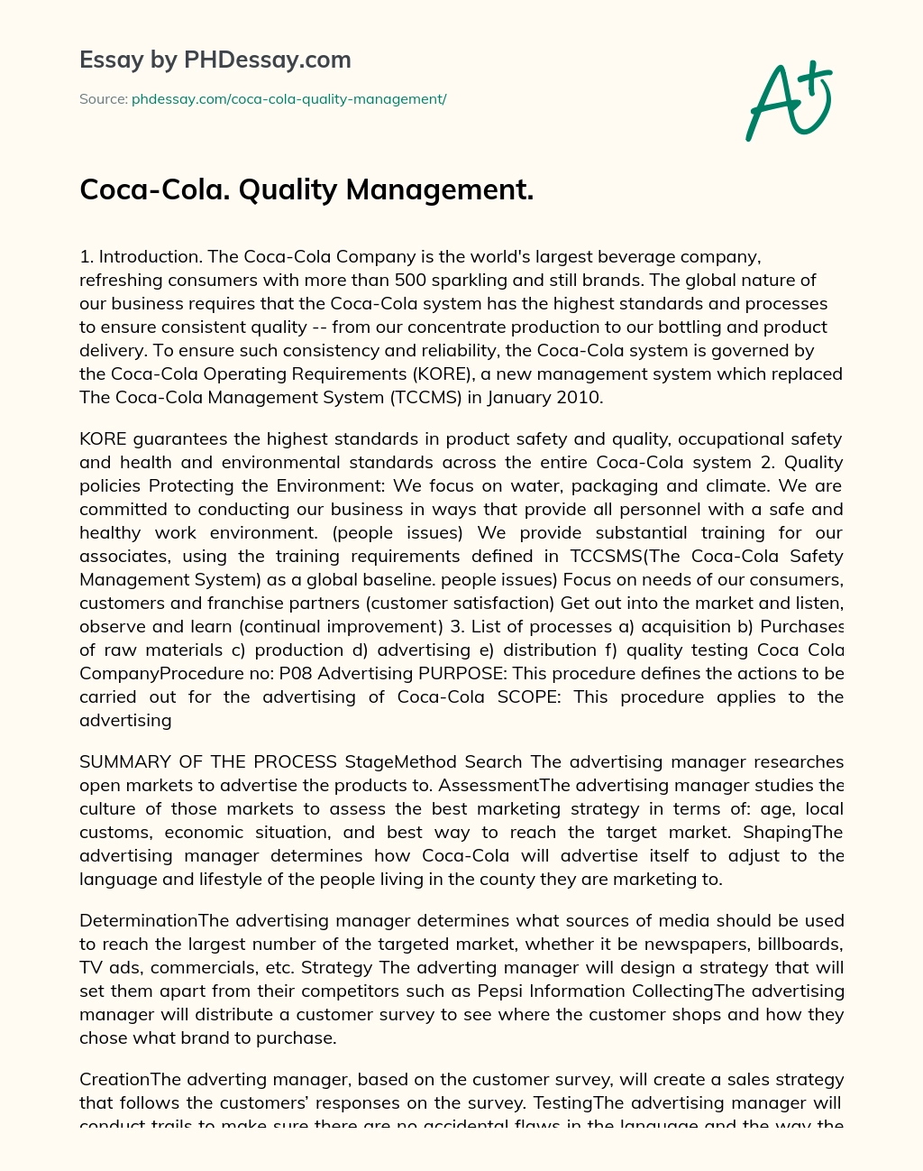Coca-Cola. Quality Management. essay