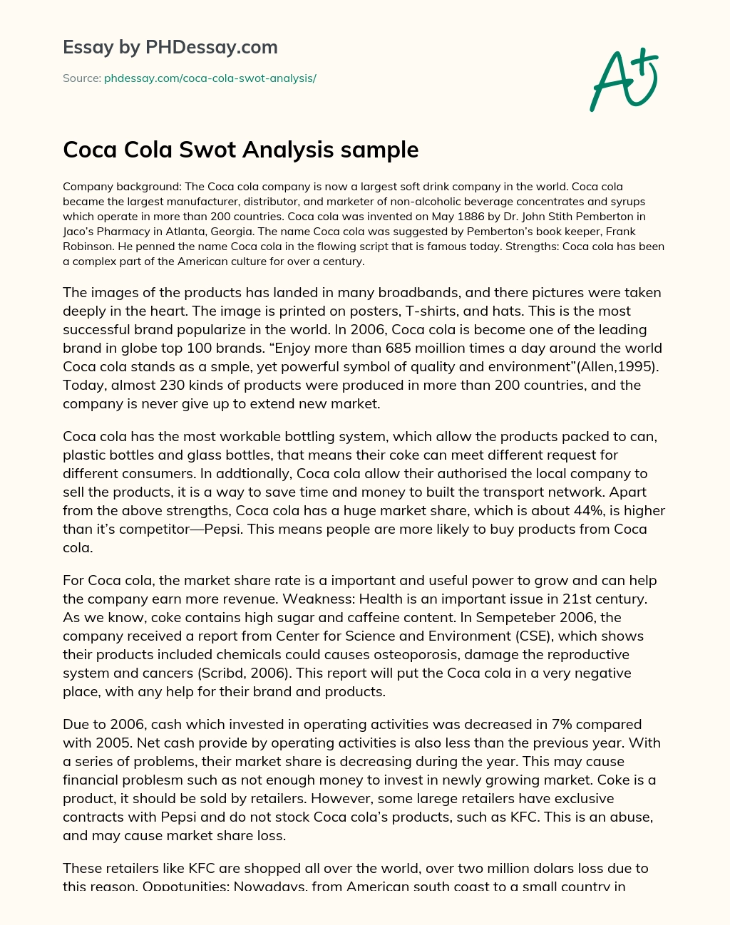 Coca Cola Swot Analysis sample essay