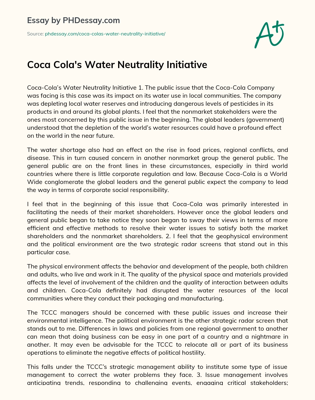 coca cola water neutrality initiative case study