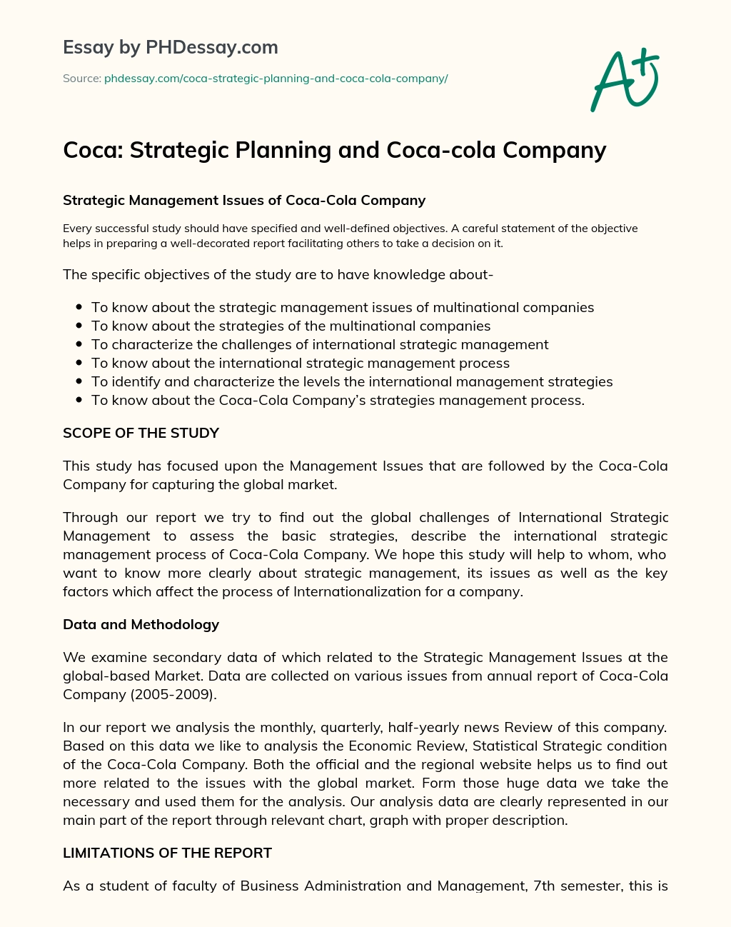 Coca: Strategic Planning and Coca-cola Company essay