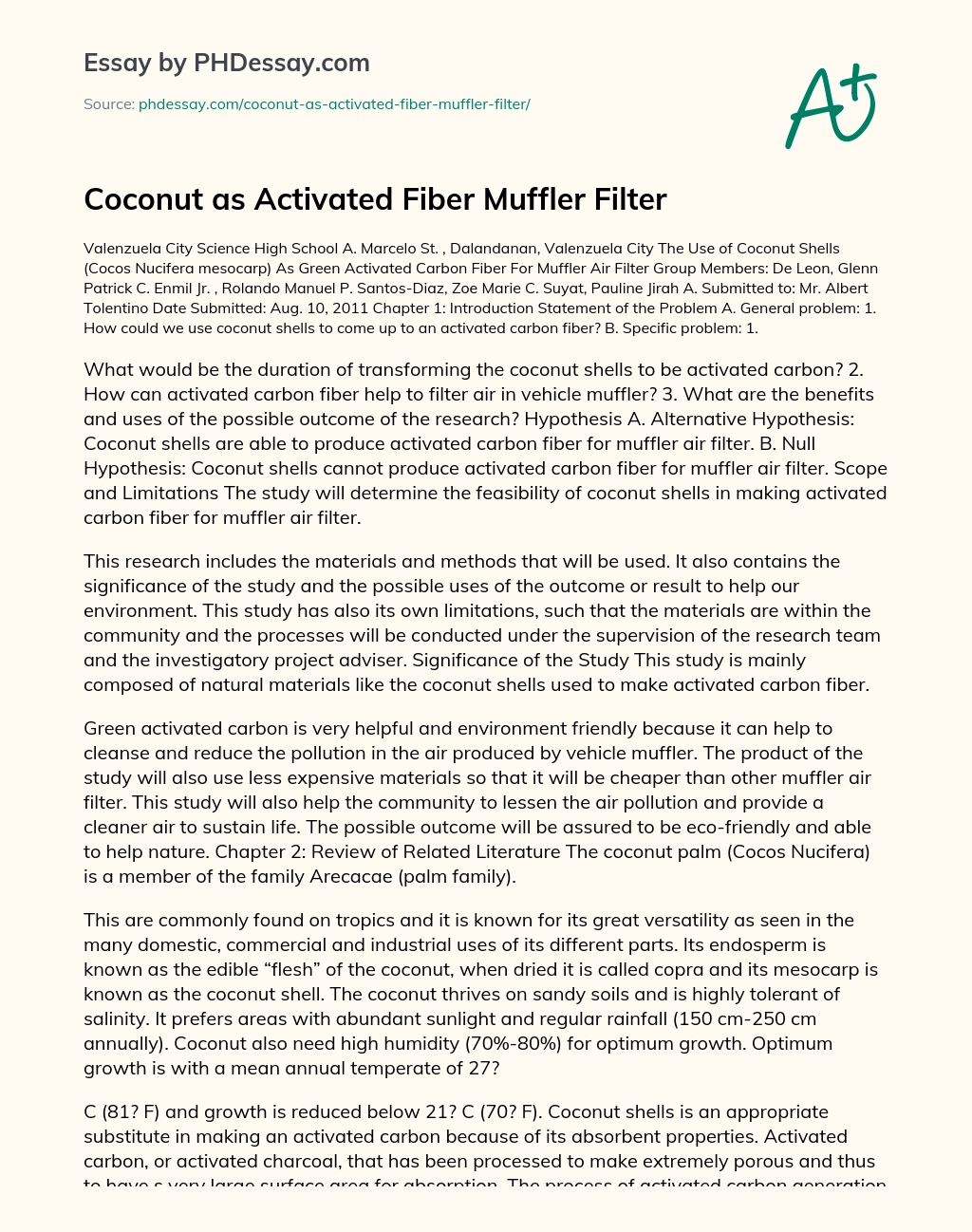 Coconut as Activated Fiber Muffler Filter essay