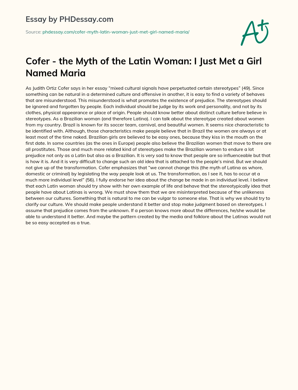 Cofer – the Myth of the Latin Woman: I Just Met a Girl Named Maria essay