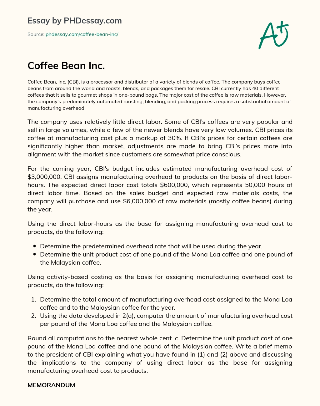 Coffee Bean Inc. essay