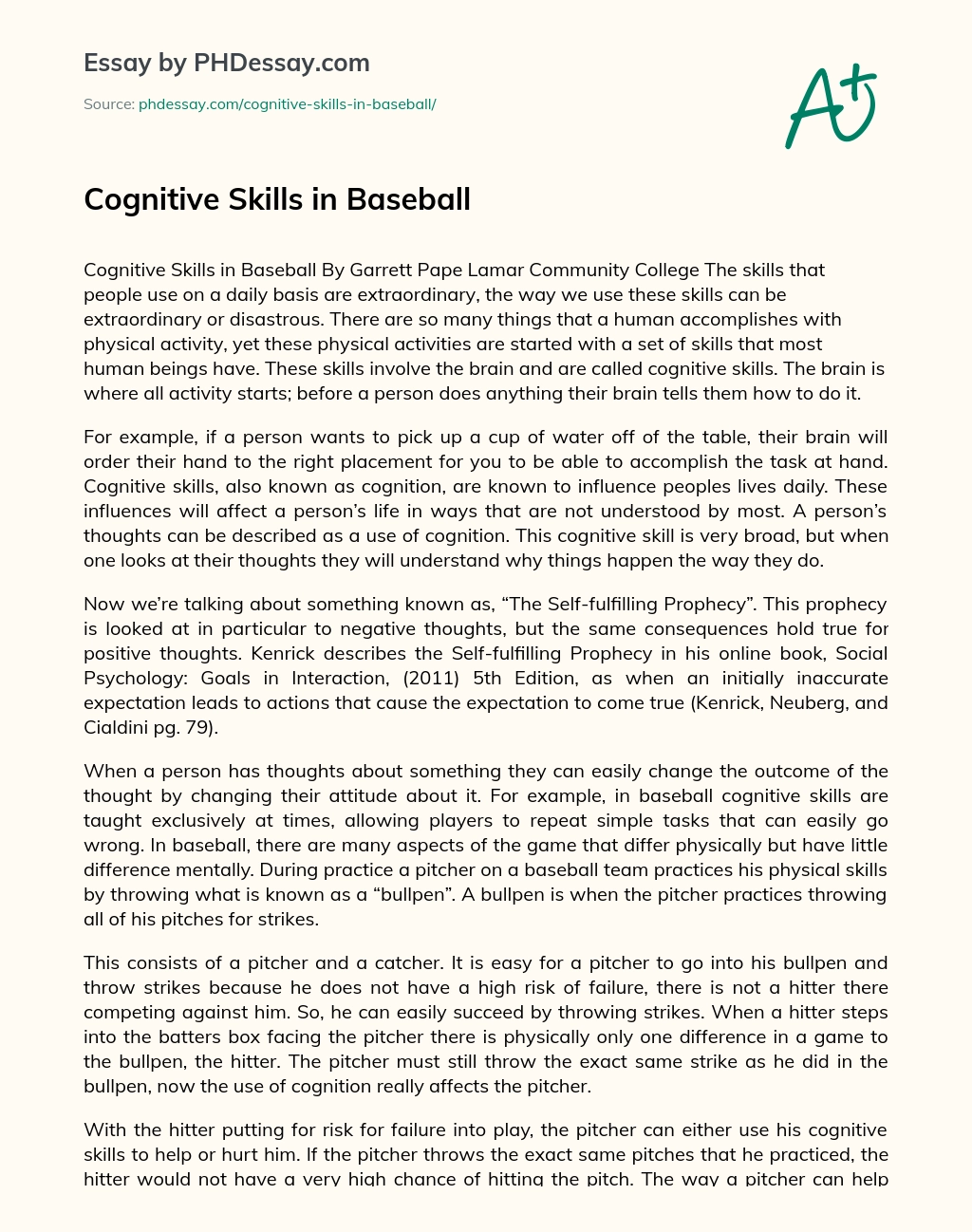 Cognitive Skills in Baseball essay
