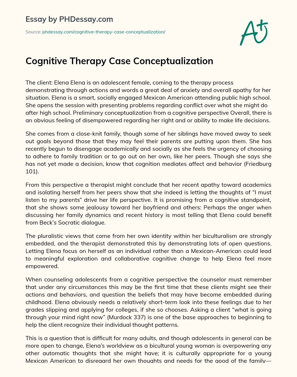 Cognitive Therapy Case Conceptualization essay