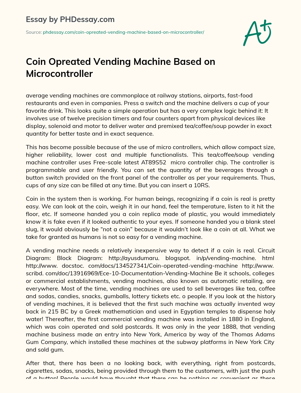 Coin Opreated Vending Machine Based on Microcontroller essay