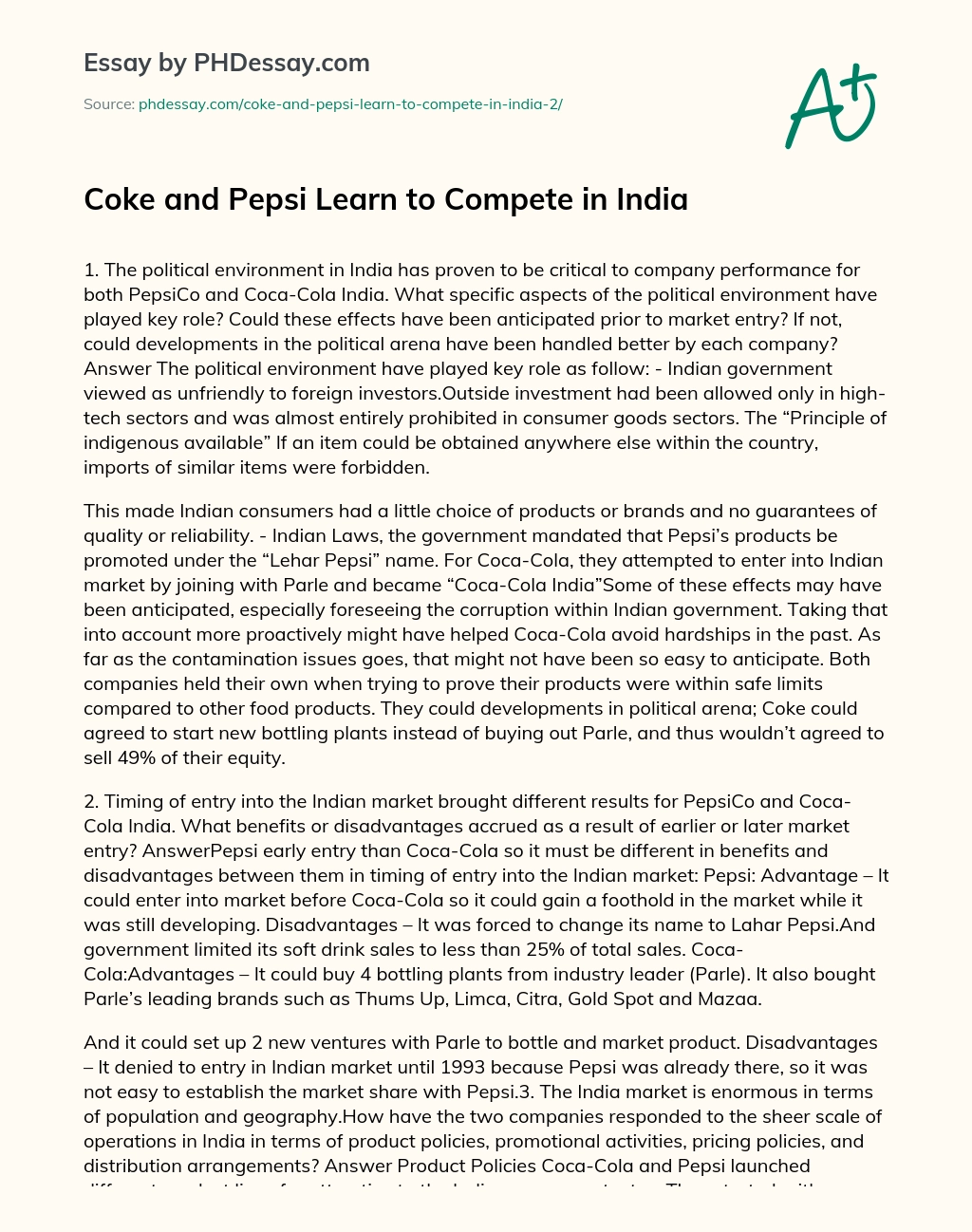 Coke and Pepsi Learn to Compete in India essay