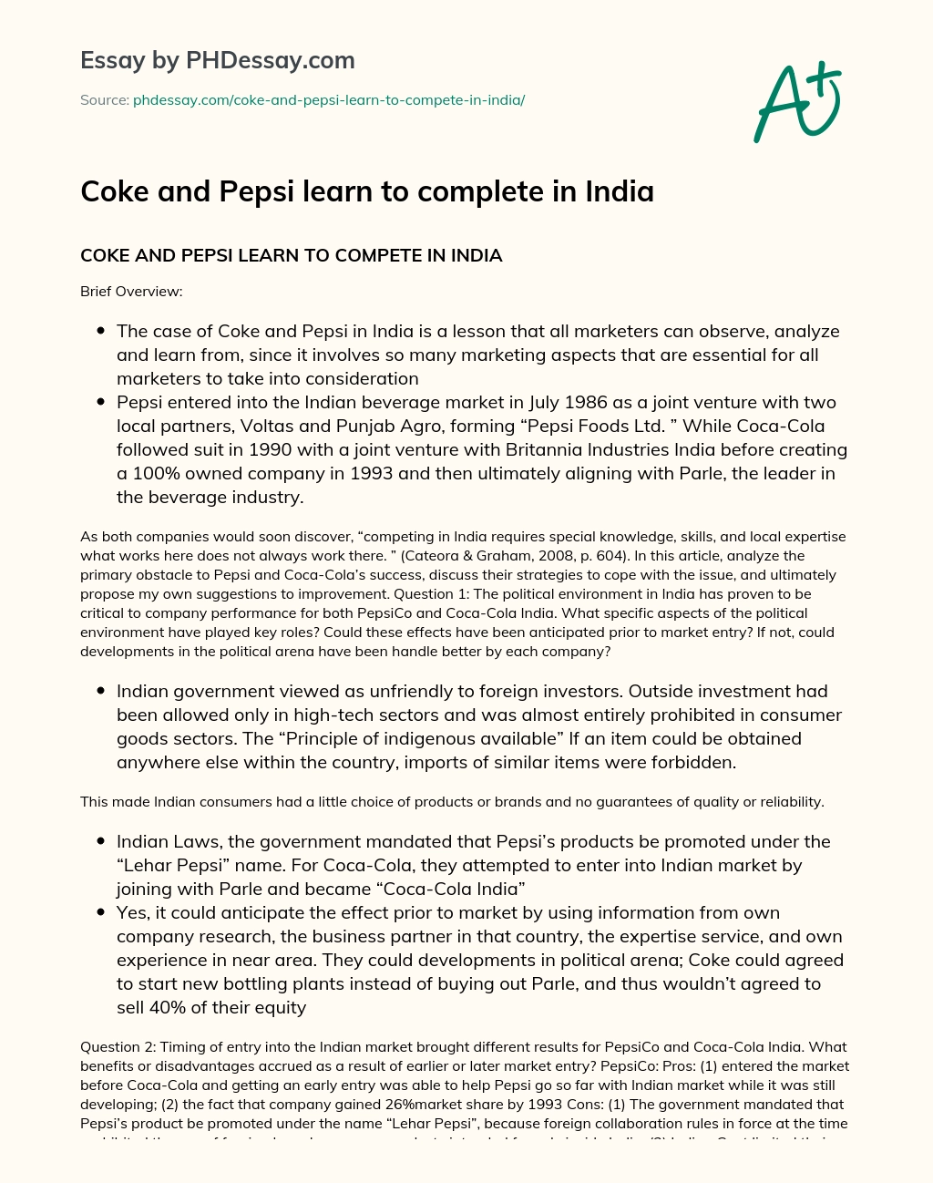 Coke and Pepsi learn to complete in India essay