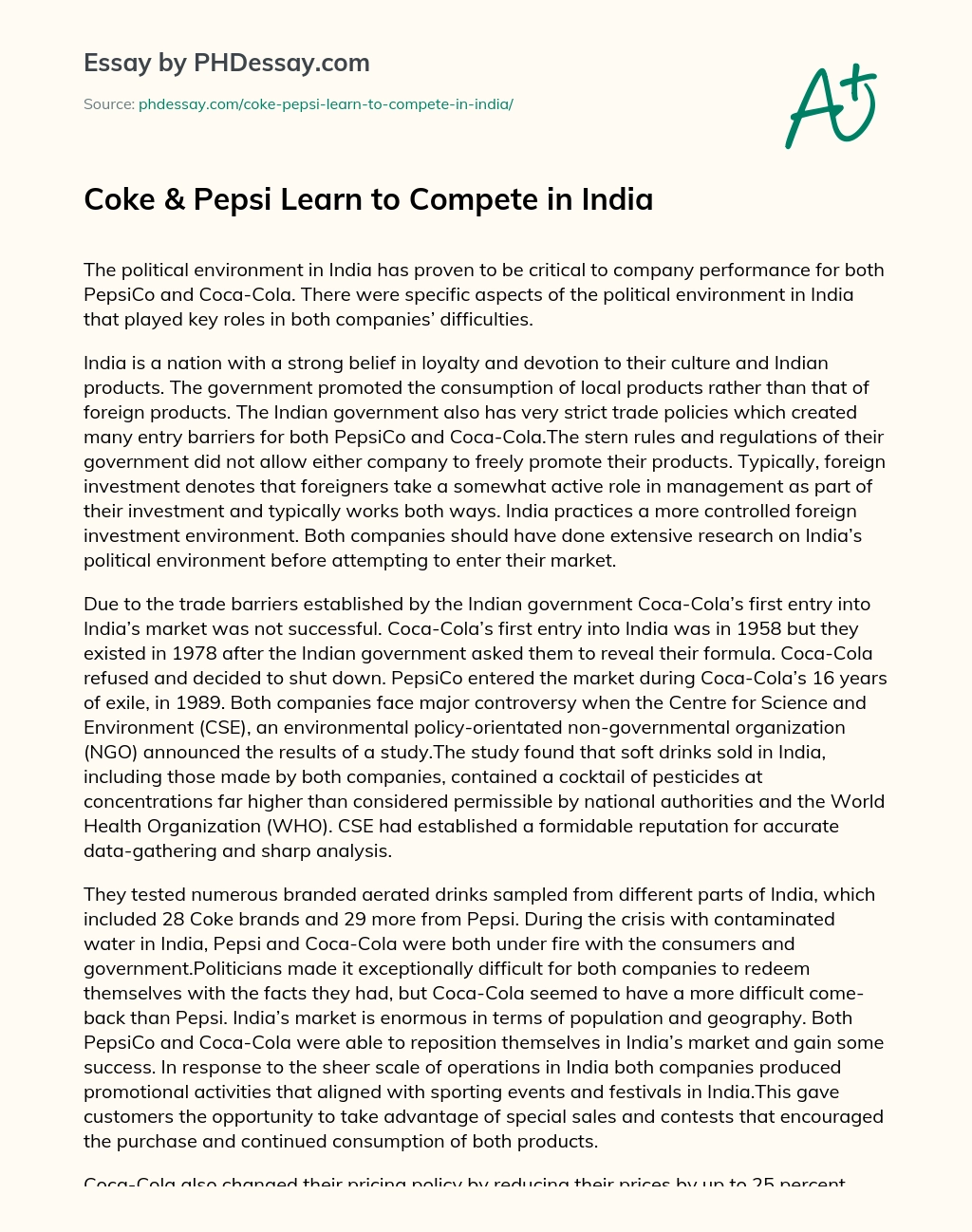 Coke & Pepsi Learn to Compete in India essay
