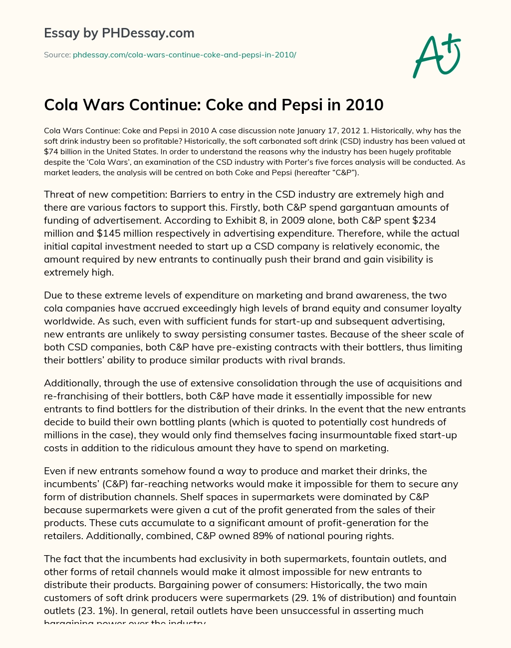 Cola Wars Continue: Coke and Pepsi in 2010 essay
