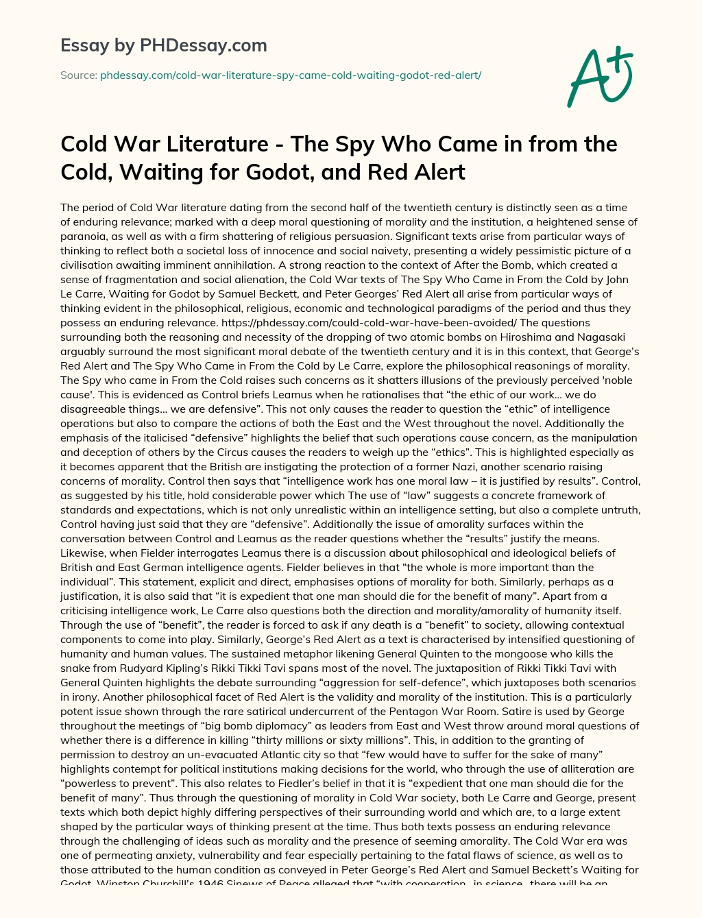 Cold War Literature – The Spy Who Came in from the Cold, Waiting for Godot, and Red Alert essay