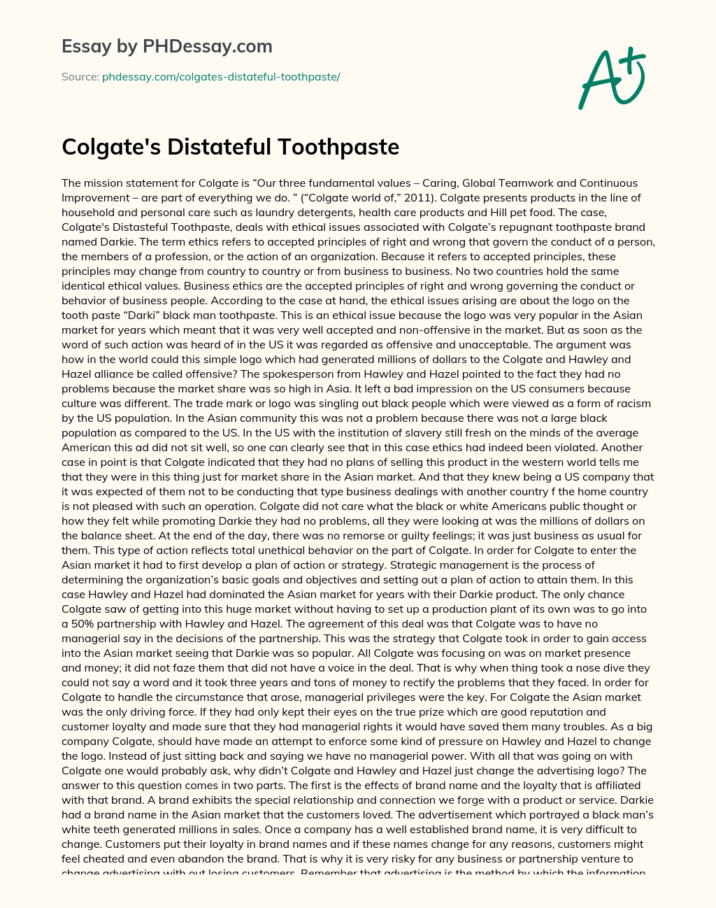 Colgate’s Distateful Toothpaste essay