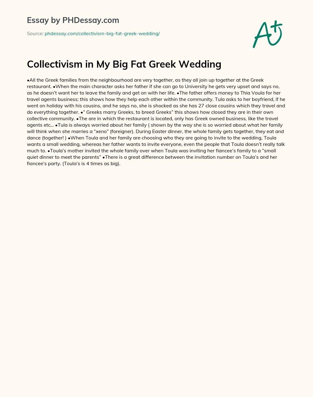 Collectivism in My Big Fat Greek Wedding essay