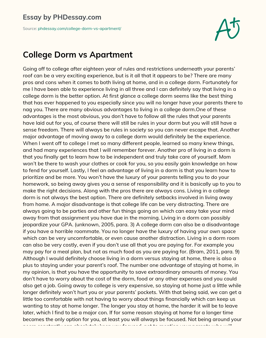 College Dorm vs Apartment essay