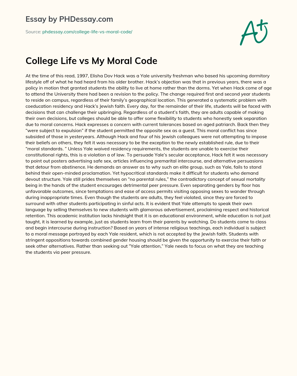 College Life vs My Moral Code essay