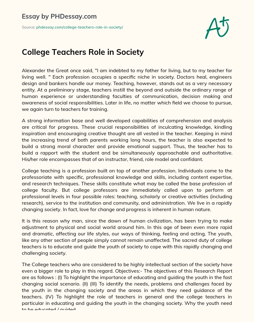 College Teachers Role in Society essay