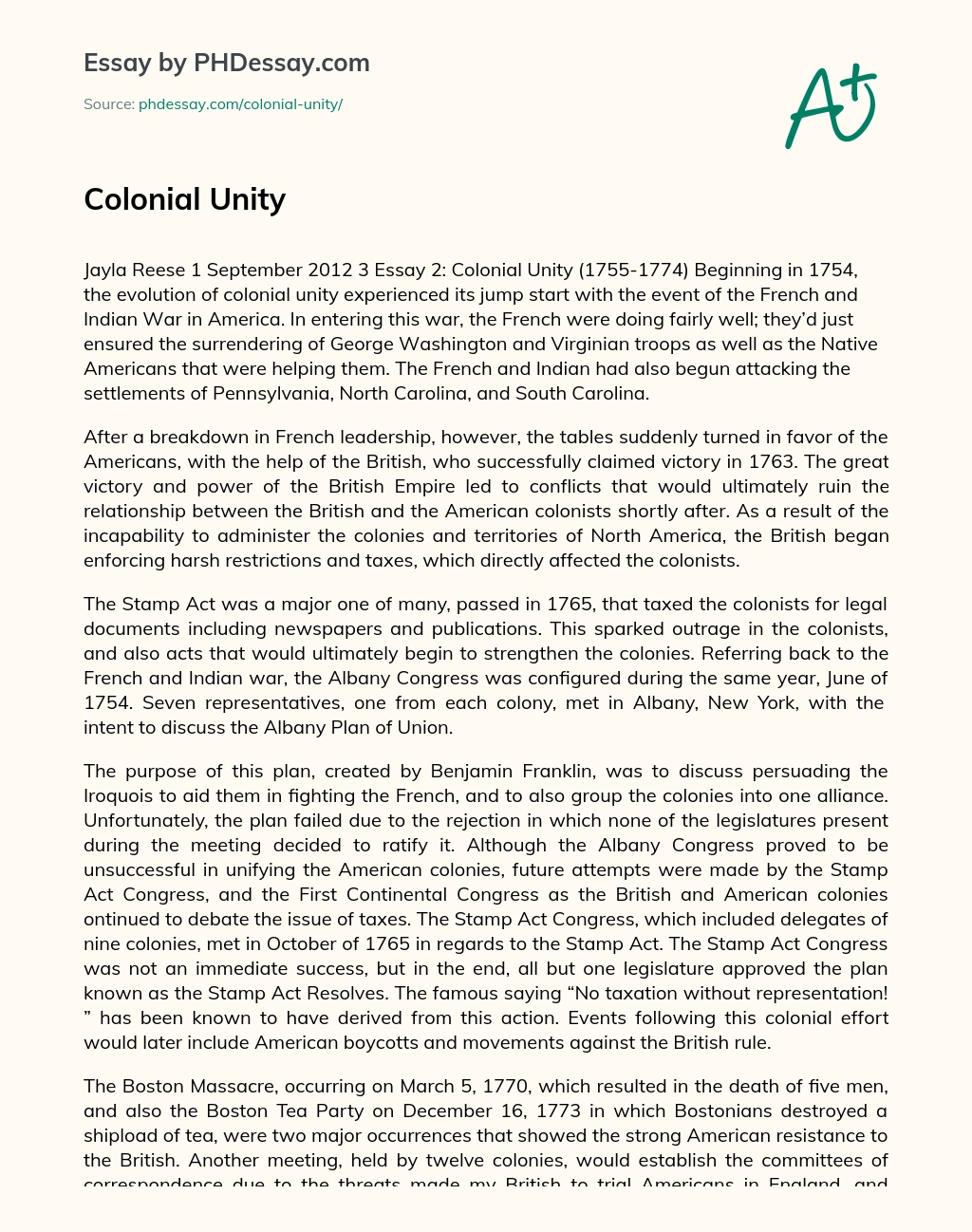Colonial Unity essay