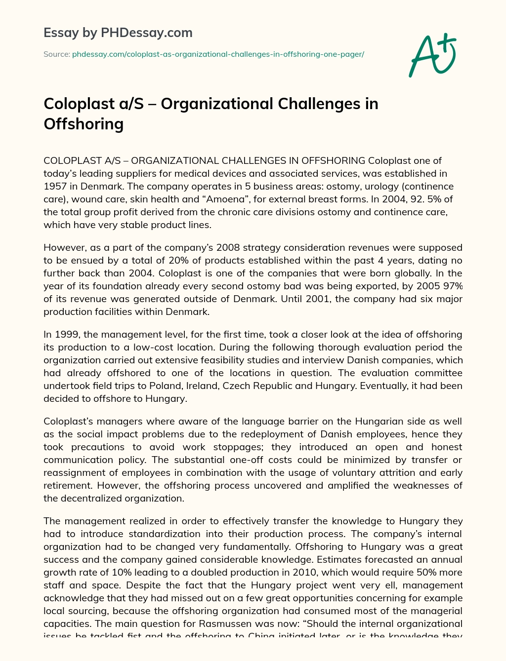 Coloplast a/S – Organizational Challenges in Offshoring essay