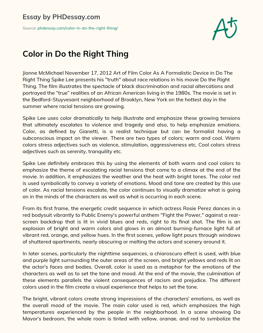 Color in Do the Right Thing essay