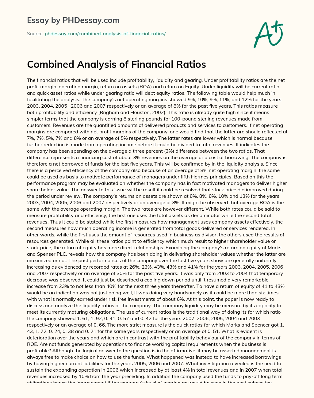 Combined Analysis of Financial Ratios essay
