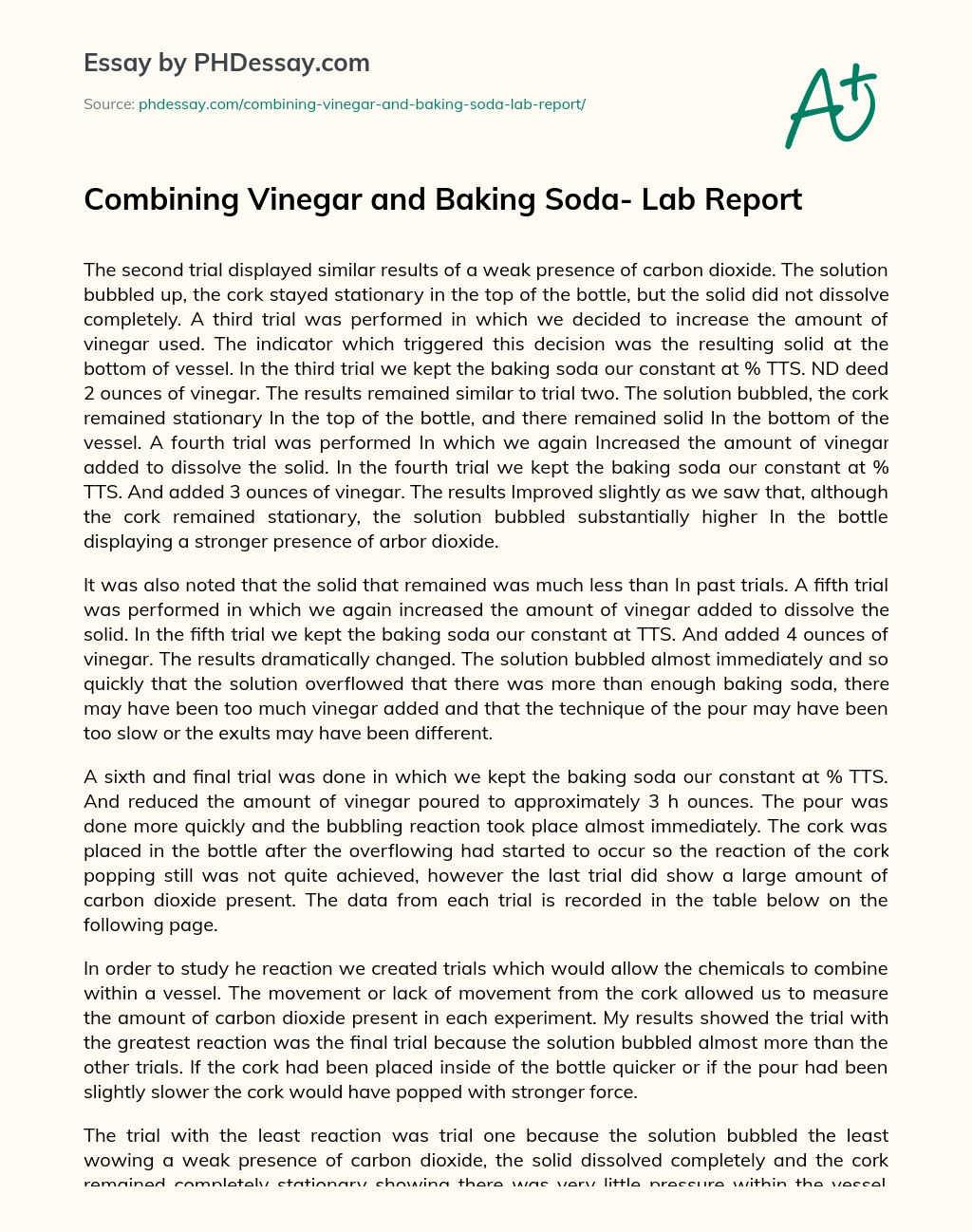 Combining Vinegar and Baking Soda- Lab Report essay