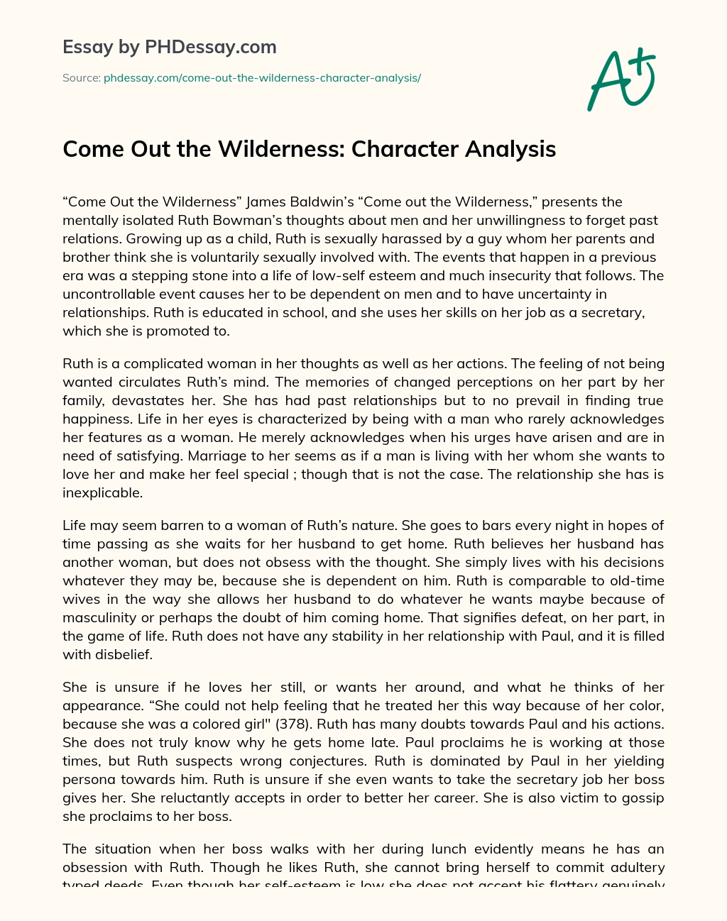 Come Out the Wilderness: Character Analysis essay