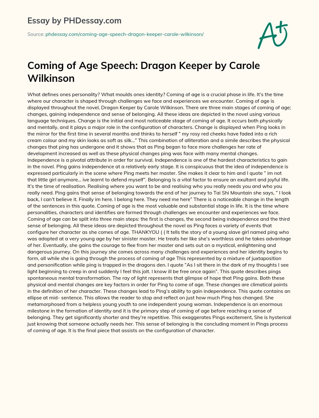 Coming of Age Speech: Dragon Keeper by Carole Wilkinson essay