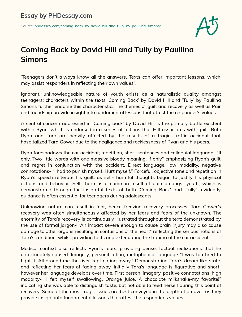 Coming Back by David Hill and Tully by Paullina Simons essay