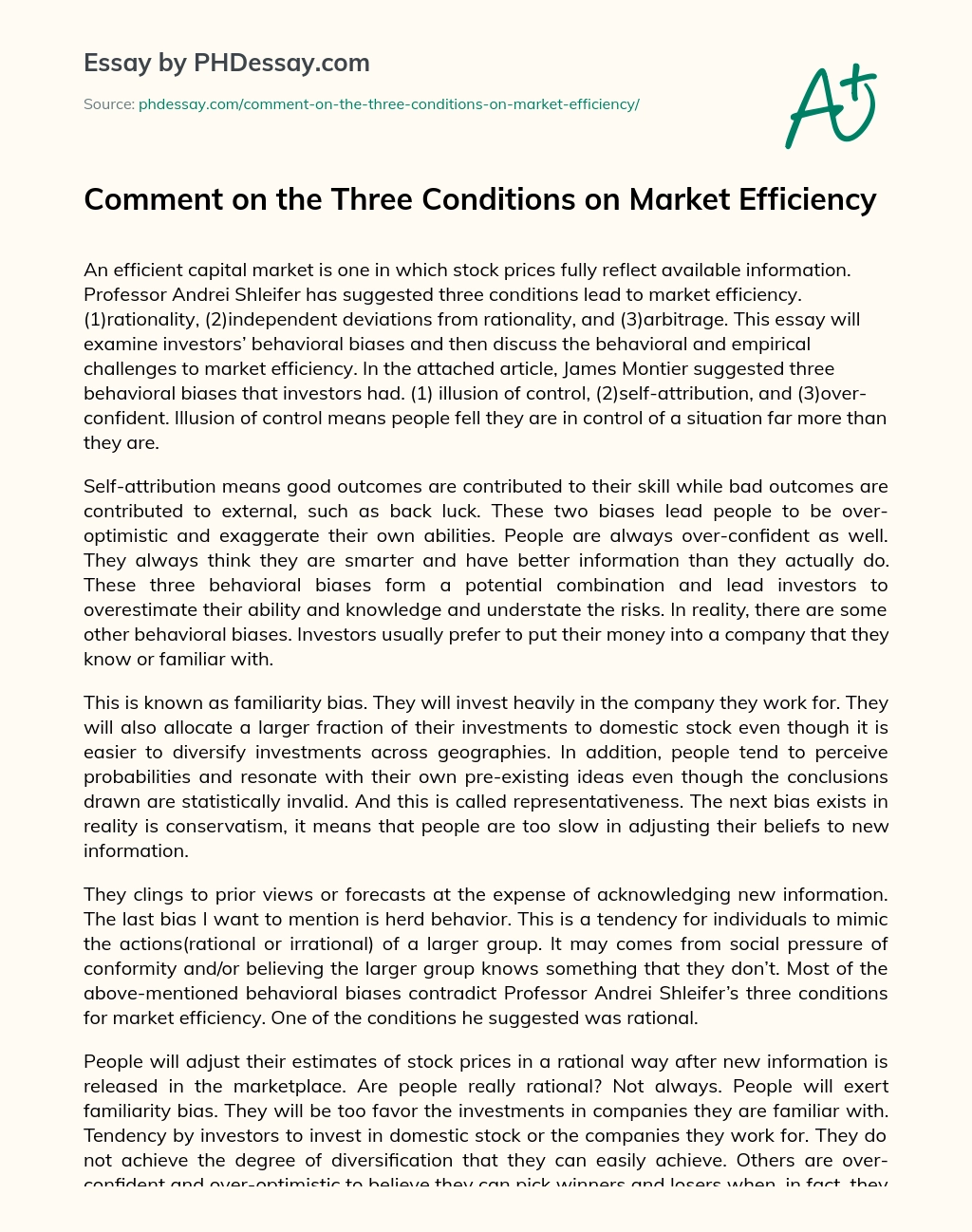 Comment on the Three Conditions on Market Efficiency essay