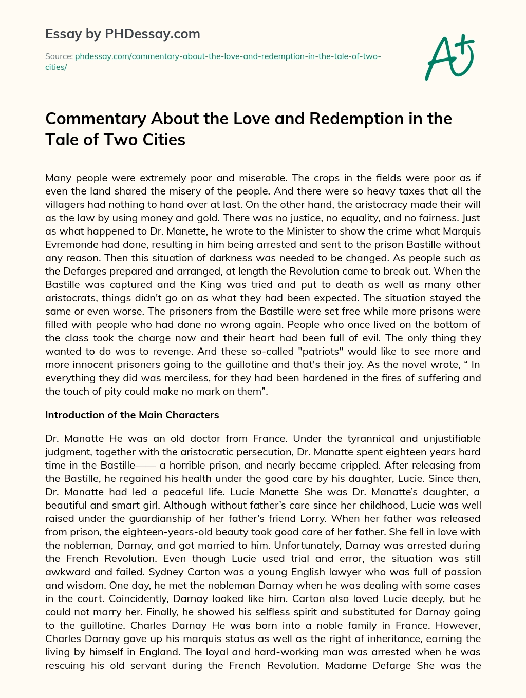 Commentary About the Love and Redemption in the Tale of Two Cities essay