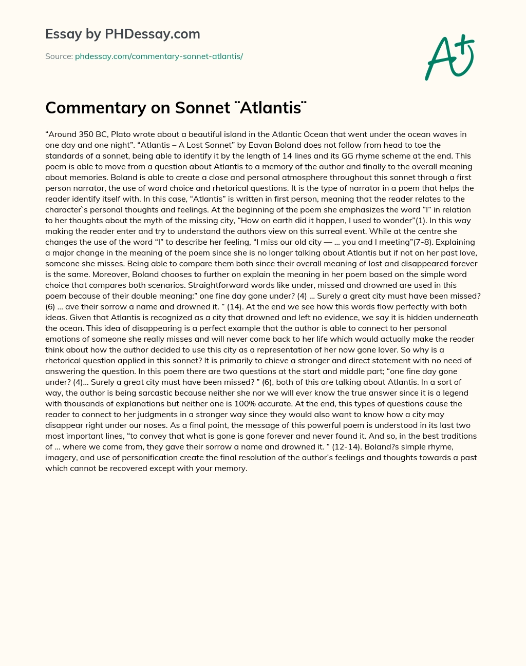 Commentary on Sonnet ¨Atlantis¨ essay
