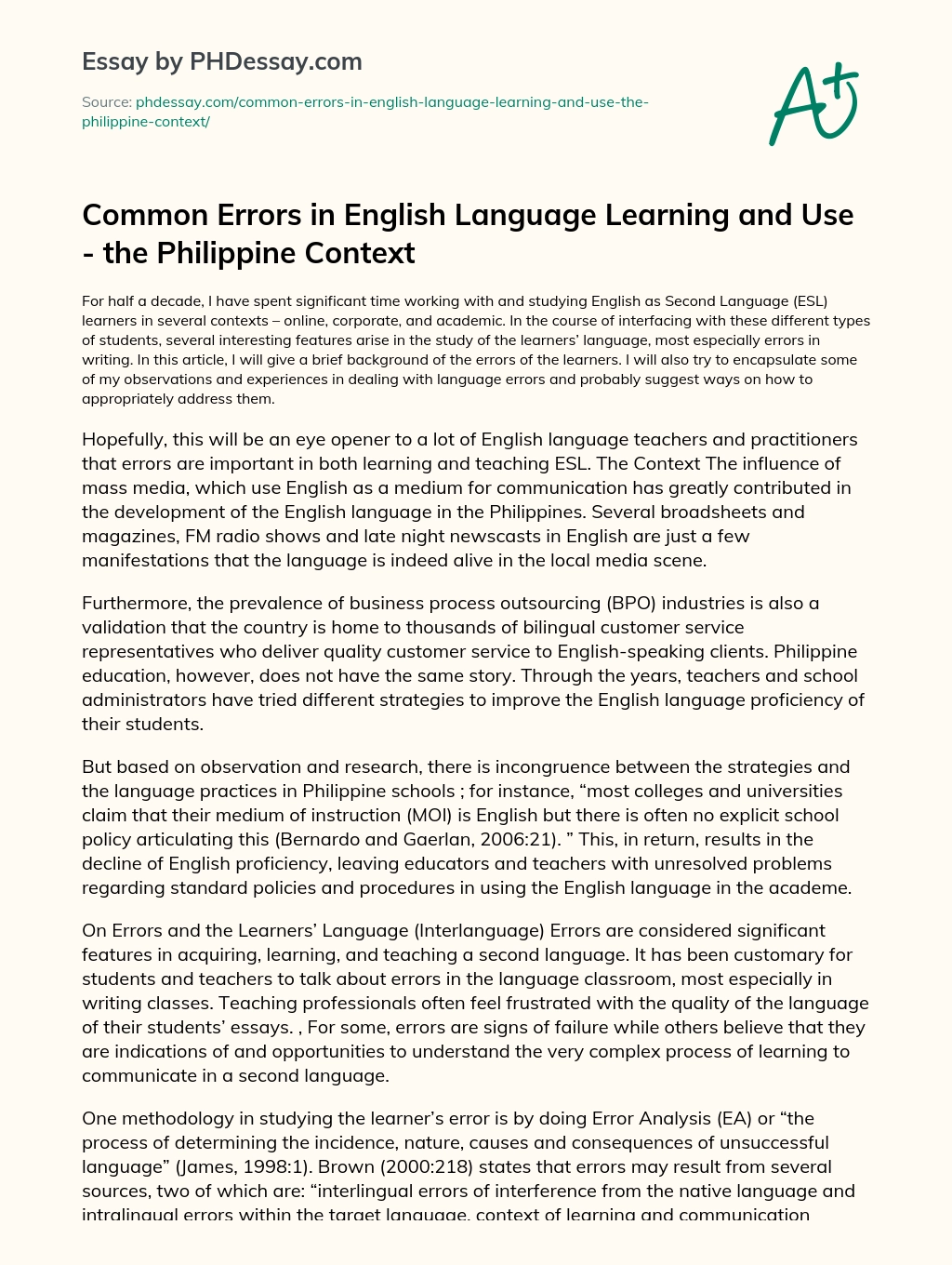 Common Errors in English Language Learning and Use – the Philippine Context essay