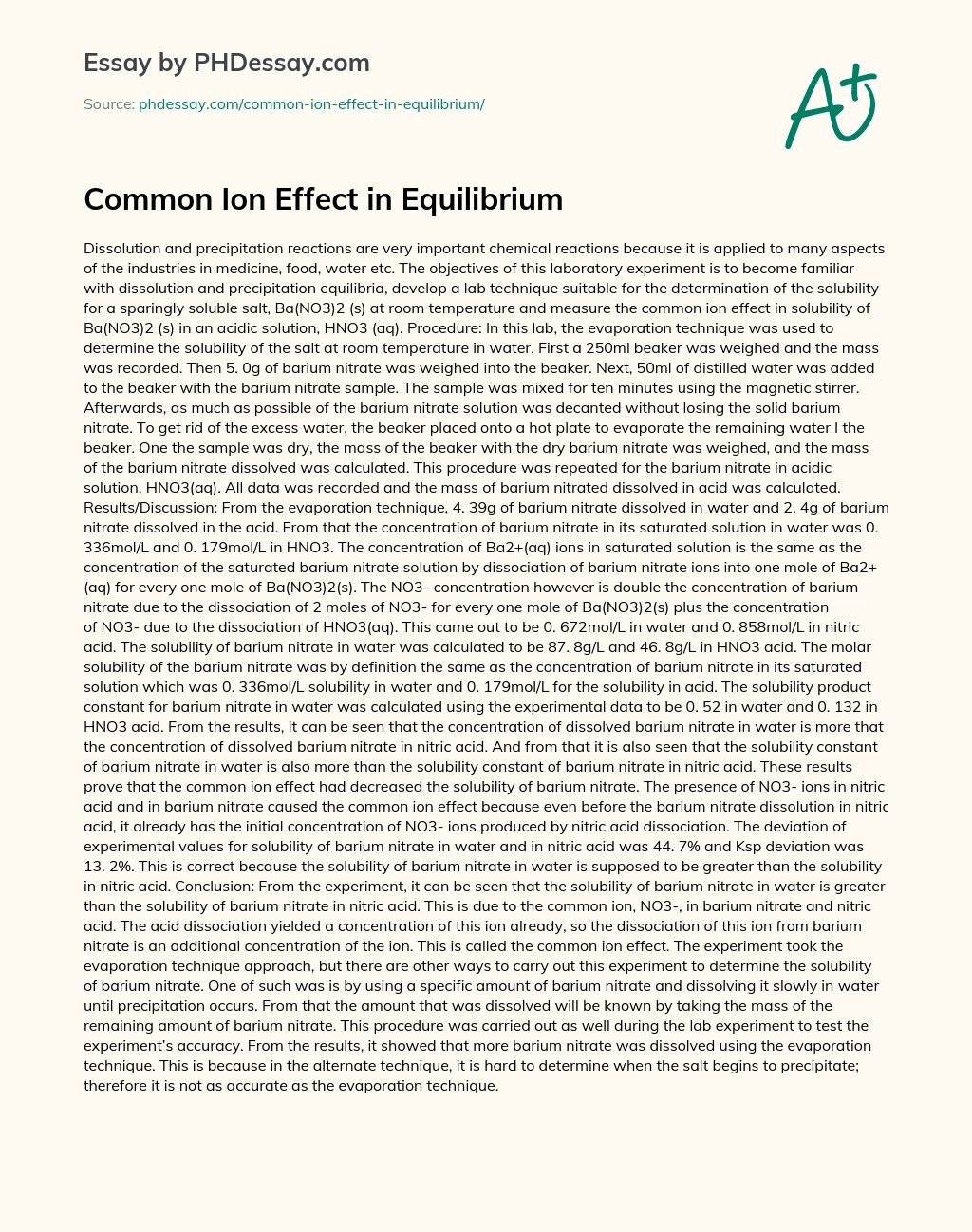 Common Ion Effect in Equilibrium essay