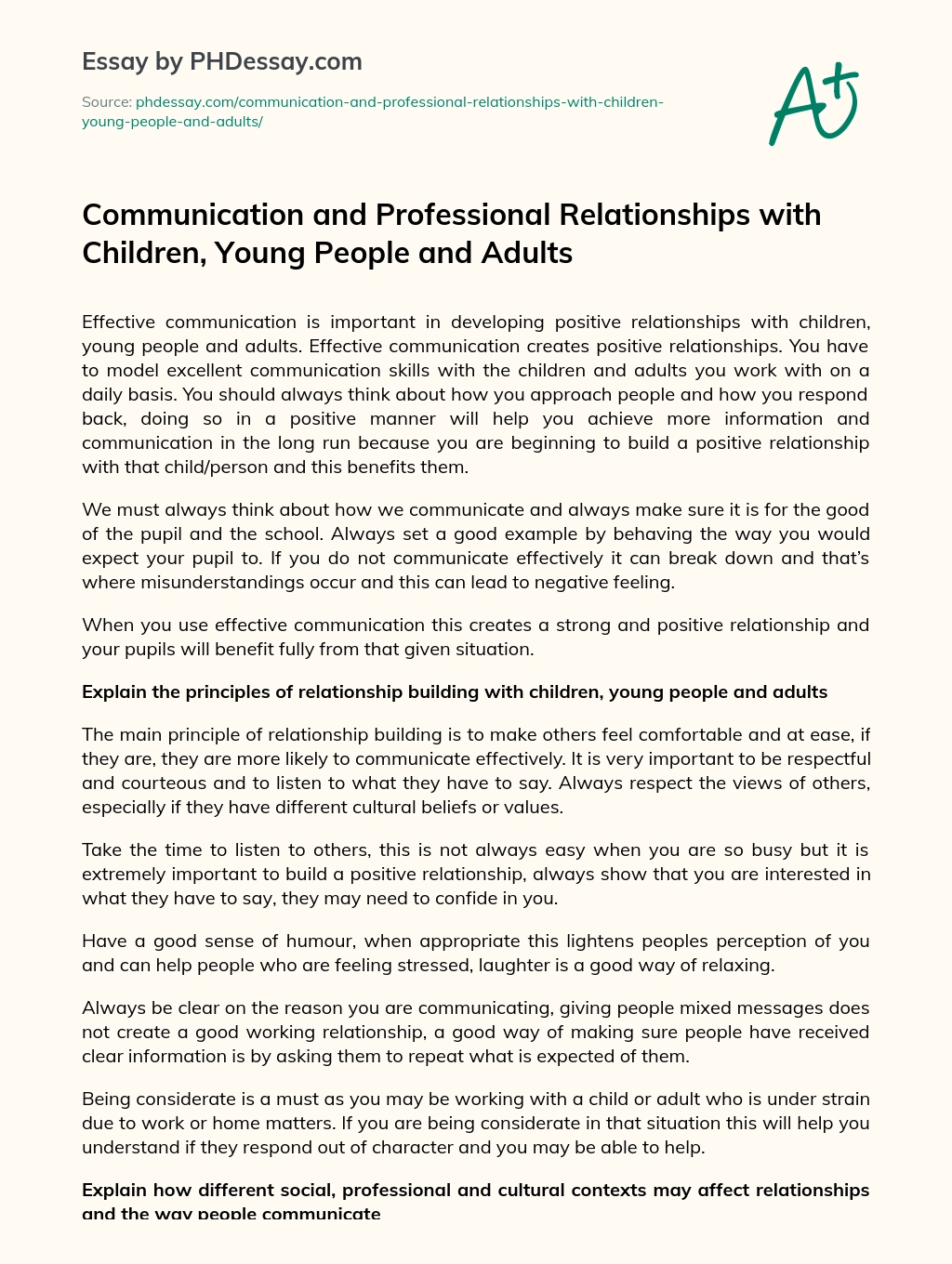 Communication and Professional Relationships with Children, Young People and Adults essay
