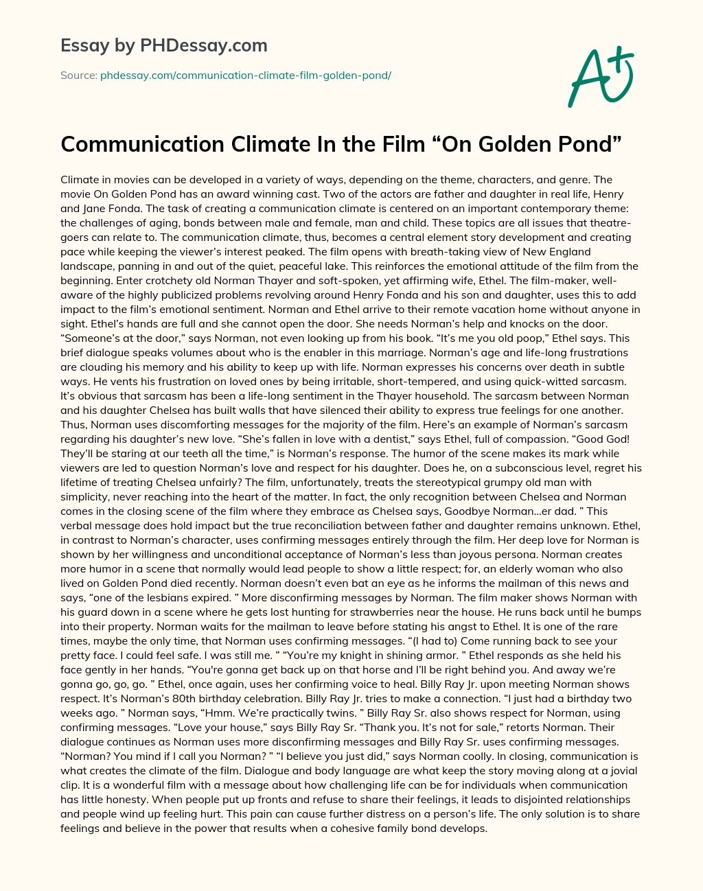 Communication Climate In the Film “On Golden Pond” essay
