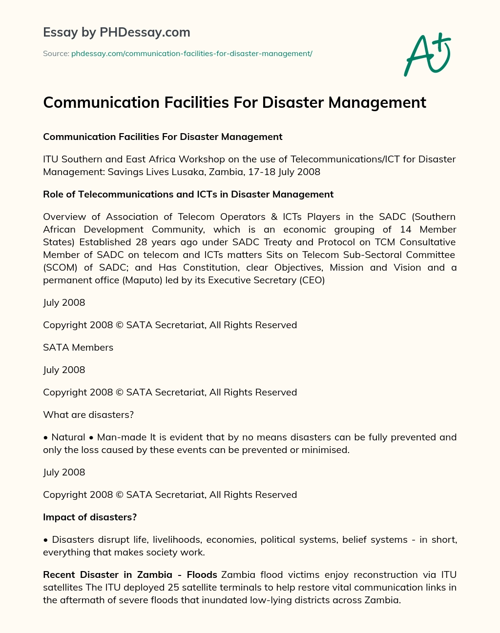 Communication Facilities For Disaster Management essay