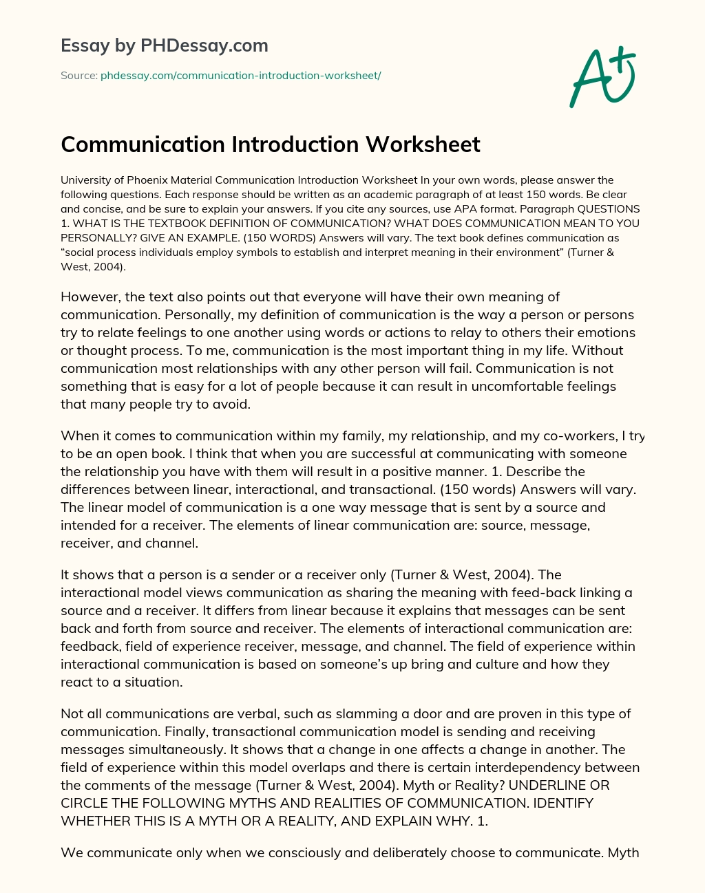 Communication Introduction Worksheet essay