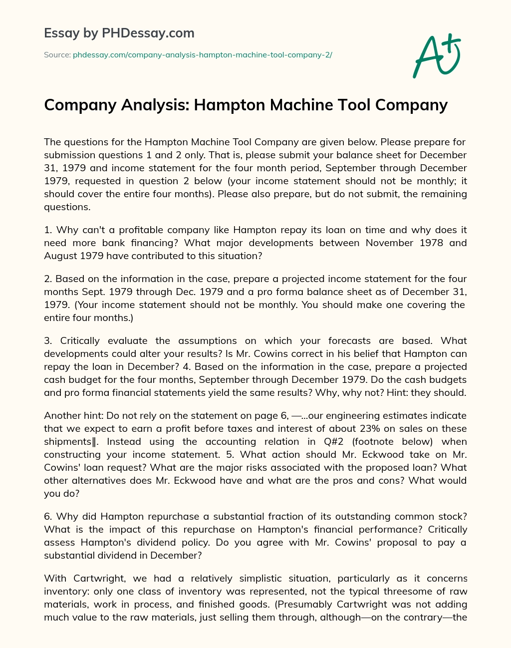 Company Analysis: Hampton Machine Tool Company essay
