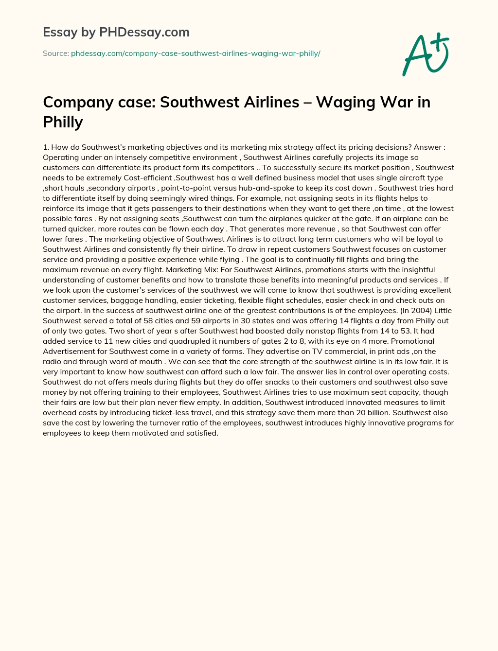 Pricing Strategy of Southwest Airlines essay