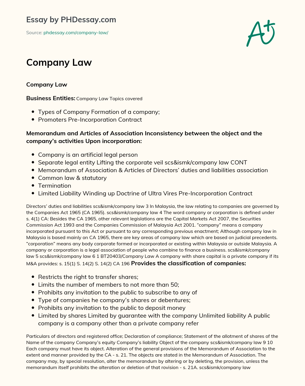 Overview of Company Law in Malaysia: Key Topics and Legislation essay