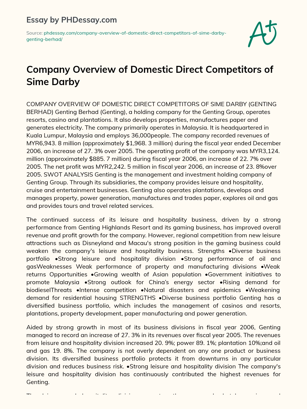 Company Overview of Domestic Direct Competitors of Sime Darby essay