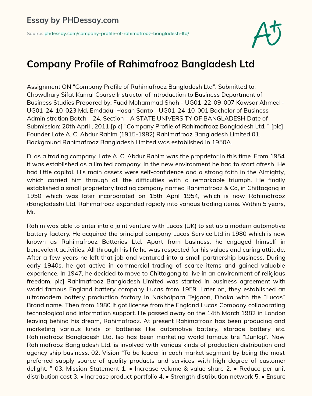Company Profile of Rahimafrooz Bangladesh Ltd essay