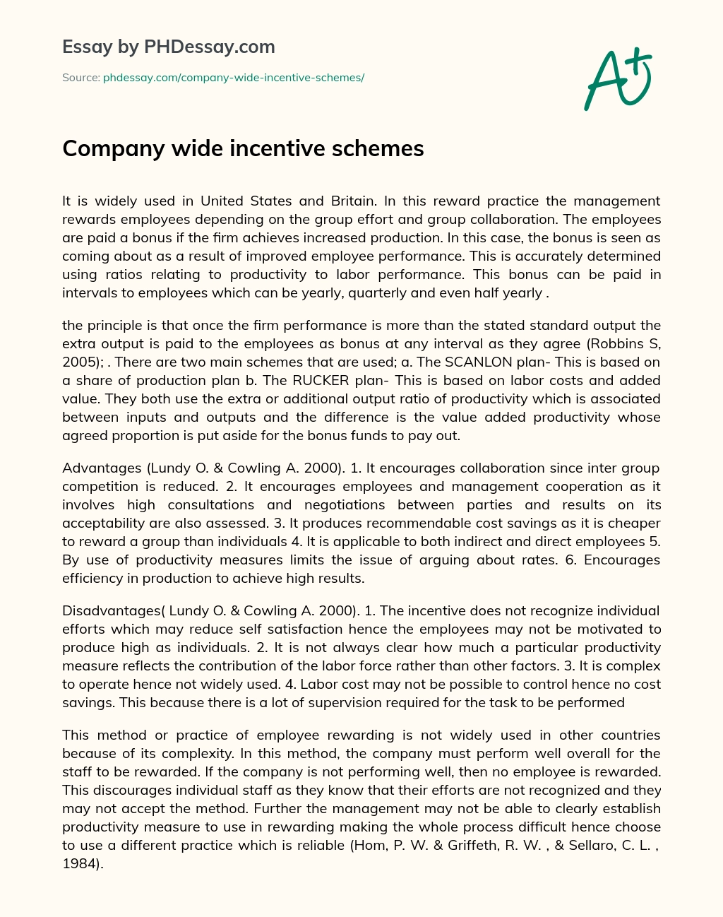 Company wide incentive schemes essay