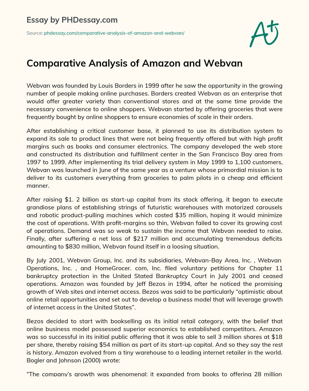 Comparative Analysis of Amazon and Webvan essay